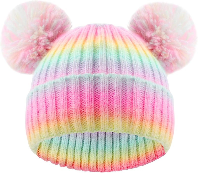 ACTLATI Kids Winter Knitted Beanie Hat Colorful Pompom Ears Ski Hat for Boy Girl(Ages 7-12) - Image 1